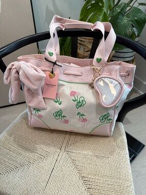 Juicy Couture Light Pink Cherry Print Tote with Heart Charm